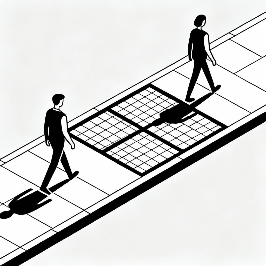 AI minimalist line art pedestrians on isometric sidewalk