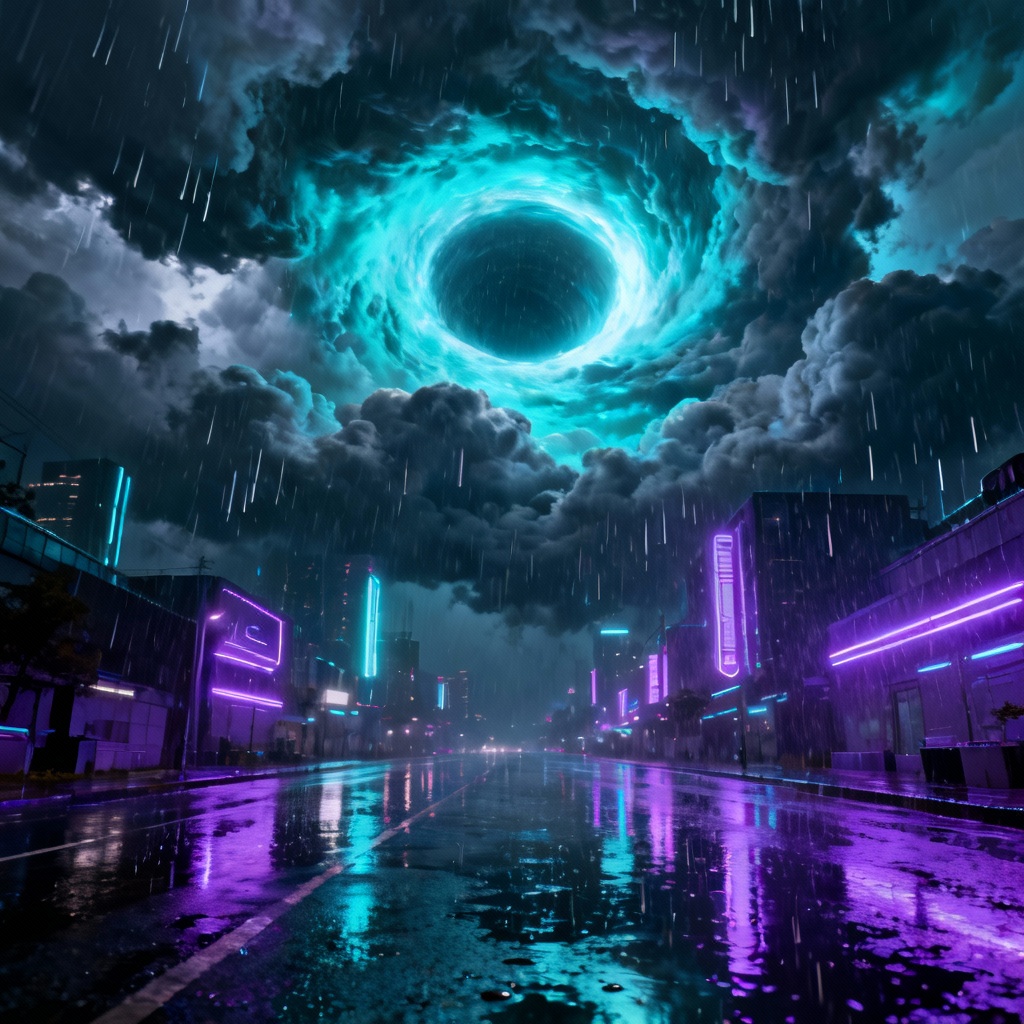 Wormhole in the sky over a neon cyberpunk city