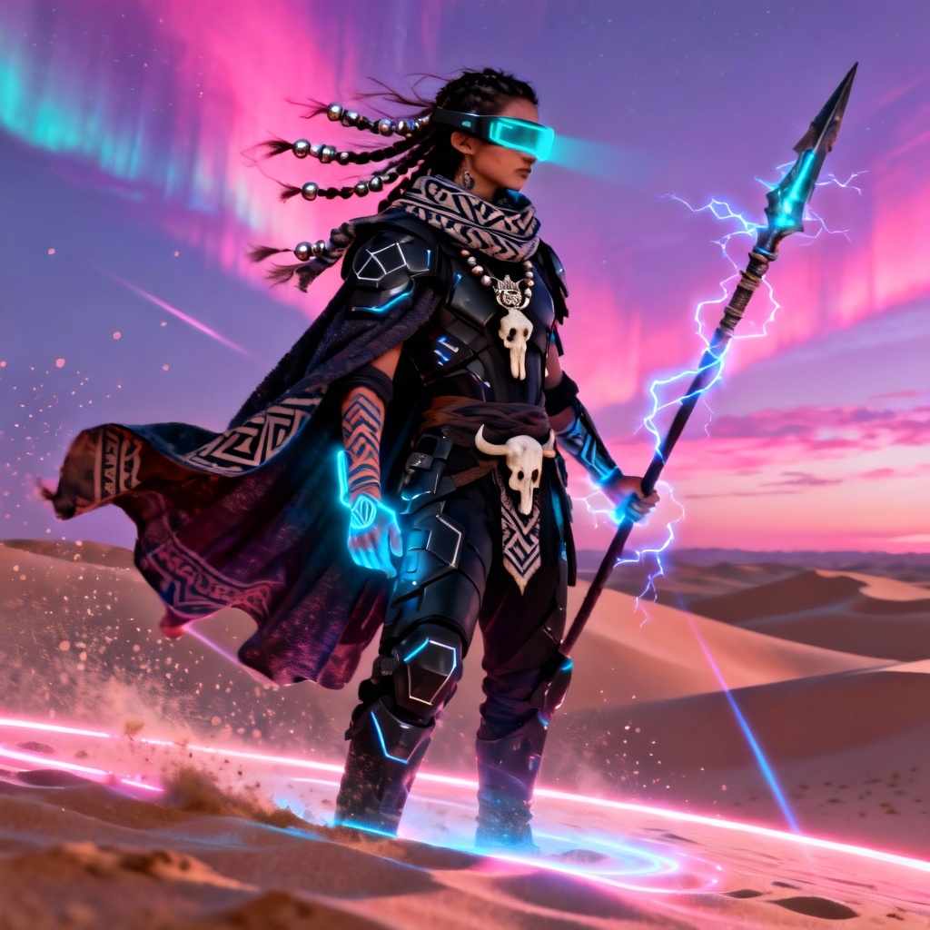 AI neo nomad warrior standing on neon-lit dunes with holographic visor