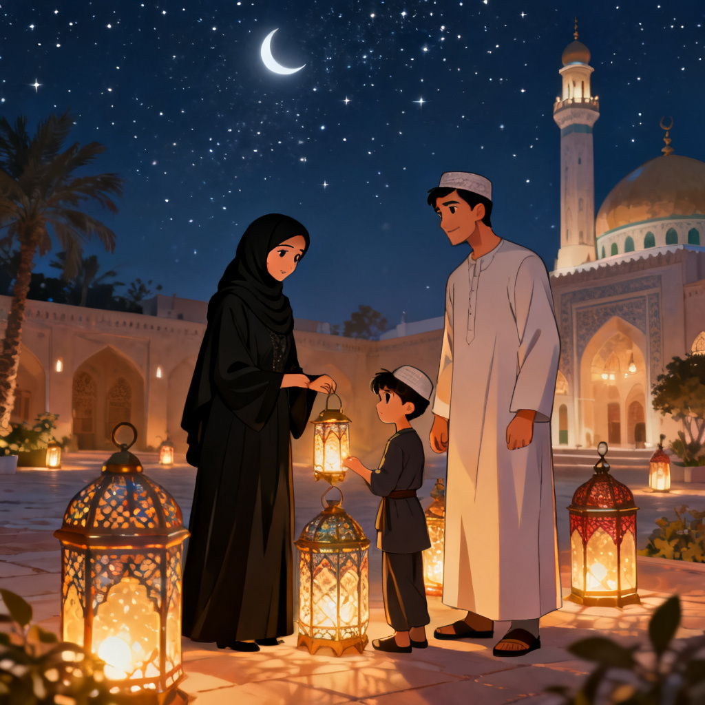 Family-friendly anime scene with Ramadan lanterns and crescent moon