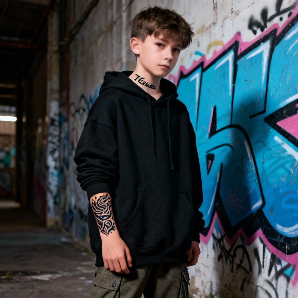 AI streetwear tattoo boy with forearm sleeve and neck script