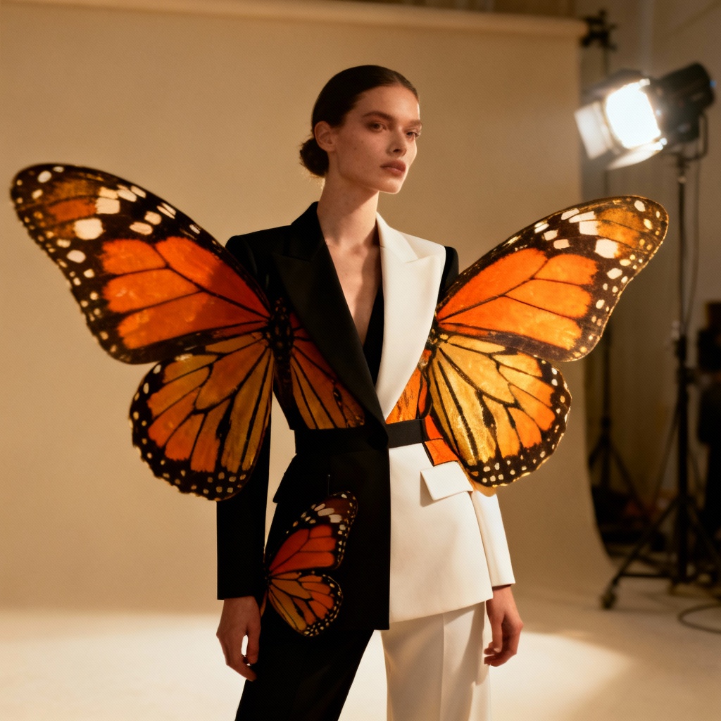 AI fashion portrait with monarch butterfly wings