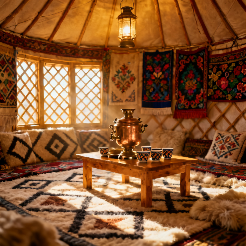 AI Kyrgyz yurt interior with felt patterns