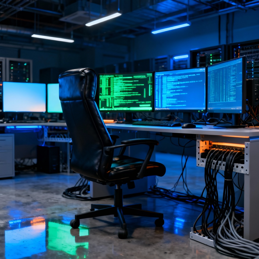 AI IT operations room with multiple monitors at night