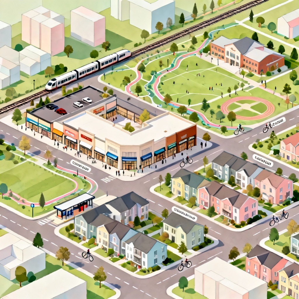 Isometric mixed-use suburban masterplan with transit and greenways