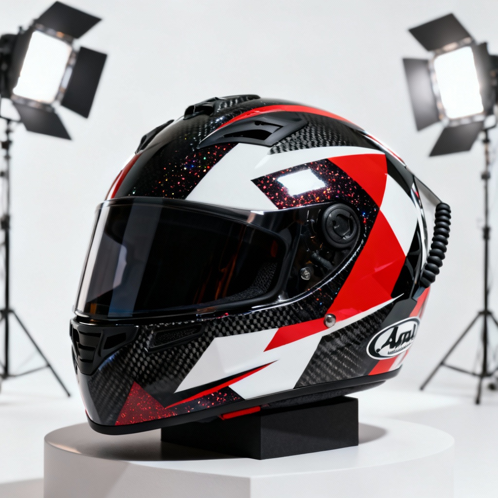 Desain helm balap dengan livery geometrik berkilau