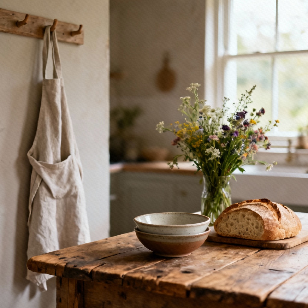 AI cozy farmhouse kitchen with rustic decor