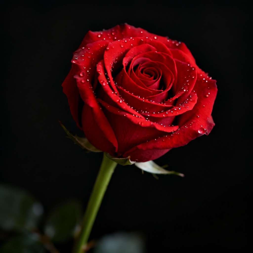 Single stem red rose with dew on a dramatic black background