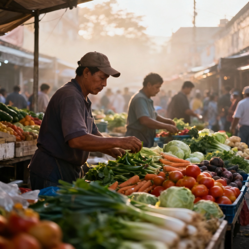 AI morning street market with vendors and motion blur