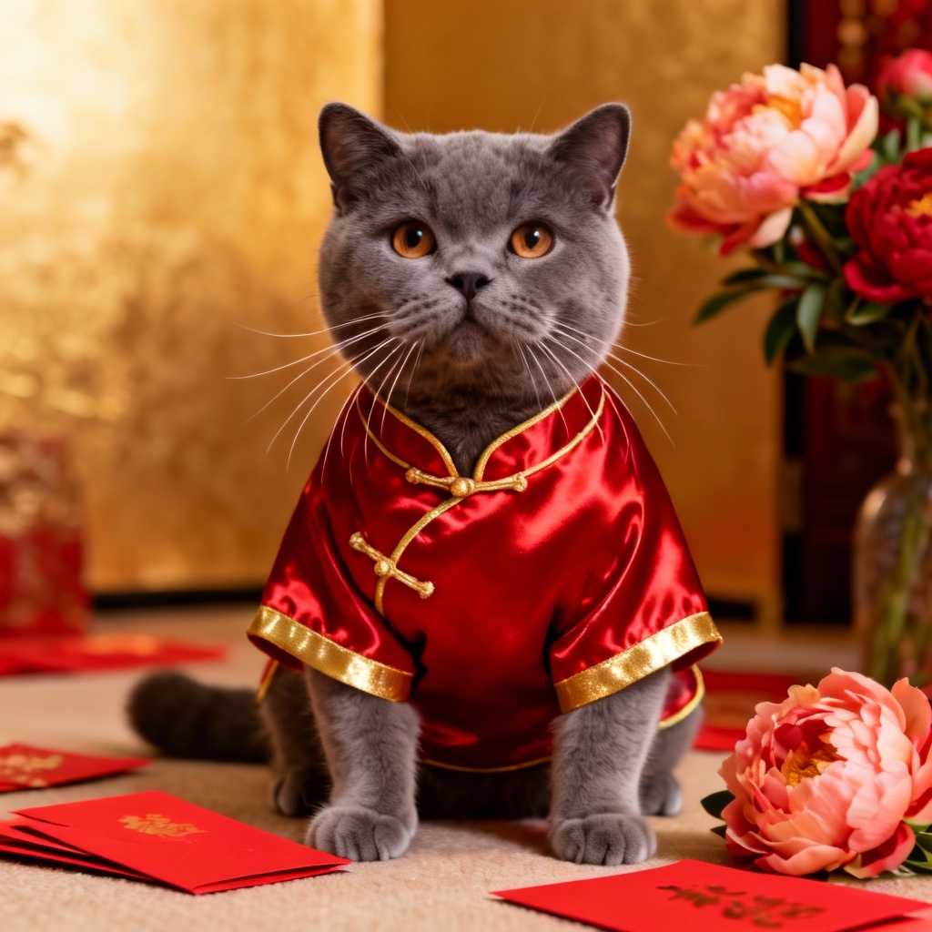 AI cat in red cheongsam with festive studio setup