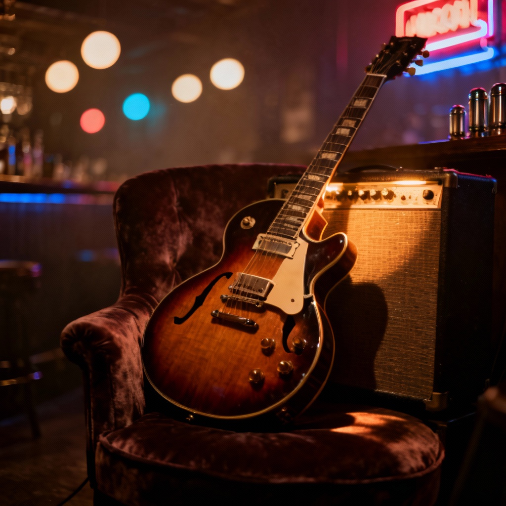 AI vintage hollow-body jazz guitar in lounge scene