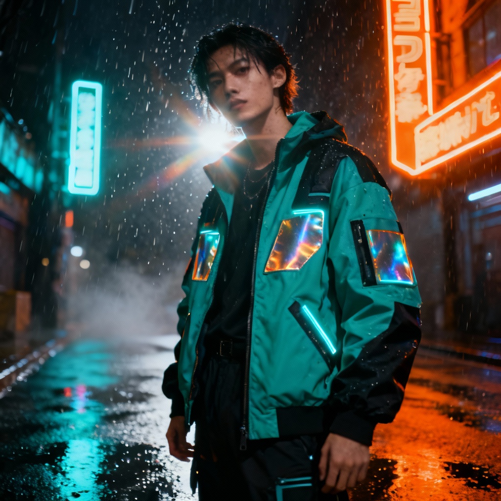 AI cyberpunk fashion in a rainy city scene