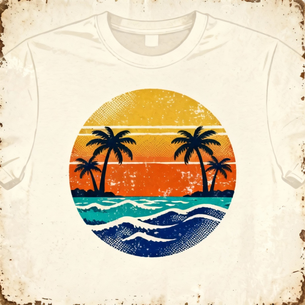 Retro sunset surf t-shirt graphic with palm trees