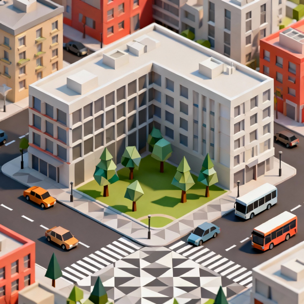 Isometric low-poly city block with park