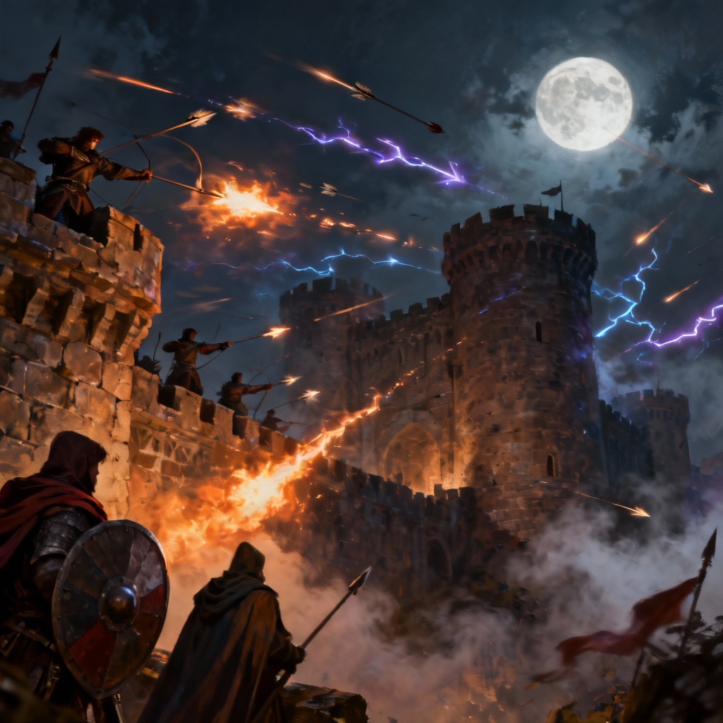 AI fantasy castle siege with archers and magical projectiles