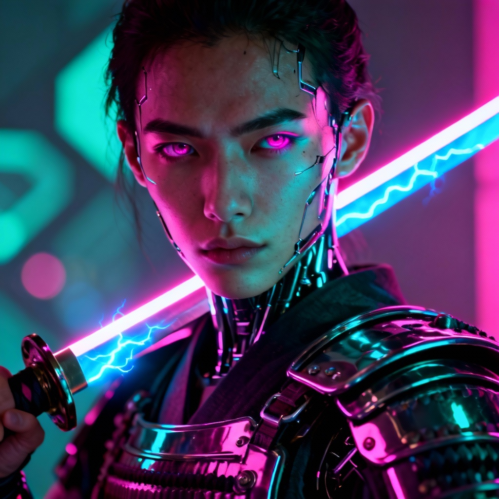 AI TGG neon cyber samurai portrait with glowing katana