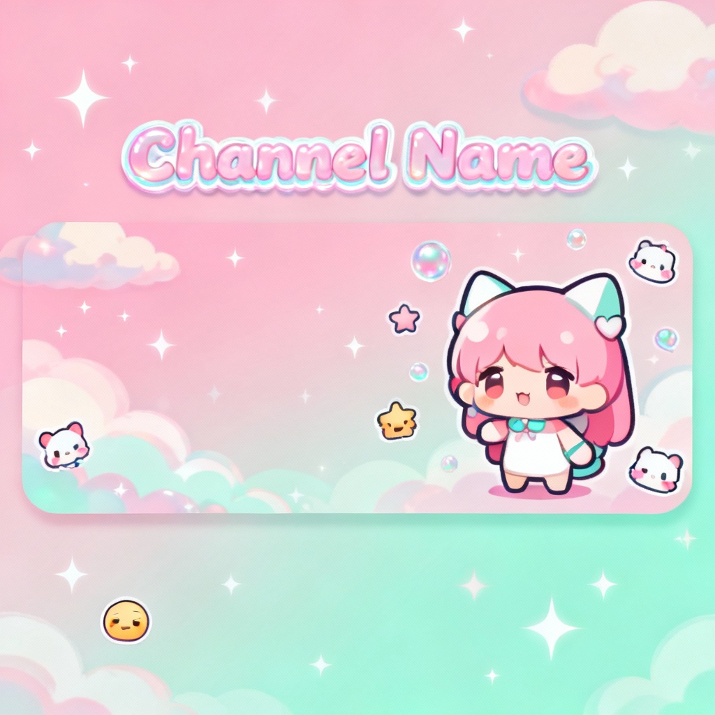 Pastel anime Twitch banner with kawaii mascot and soft colors