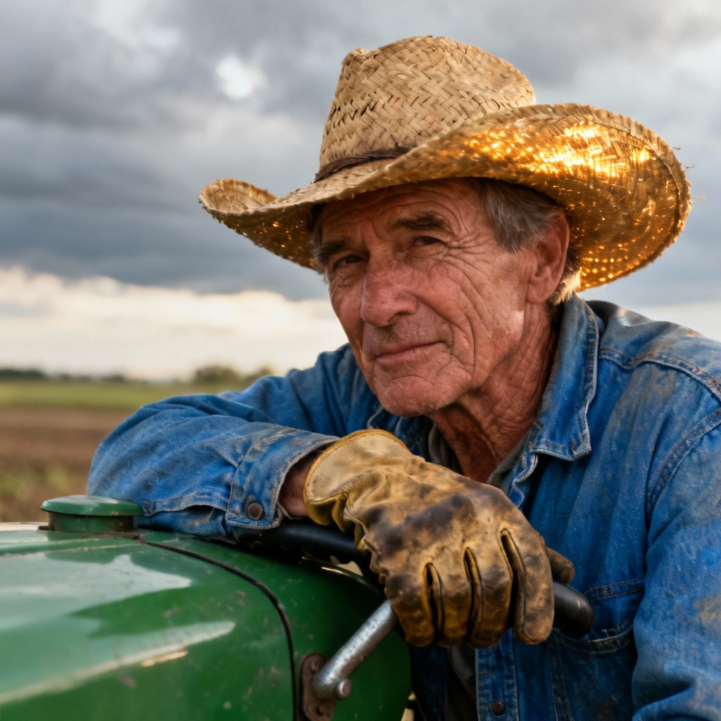 AI portrait of farmer standing by vintage tractor
