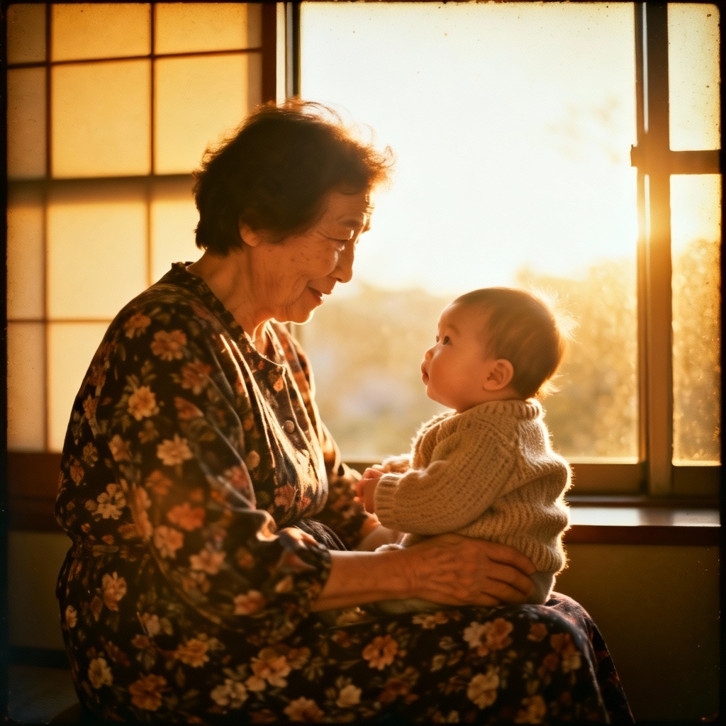 Vintage film look of a grandmother and baby near a window