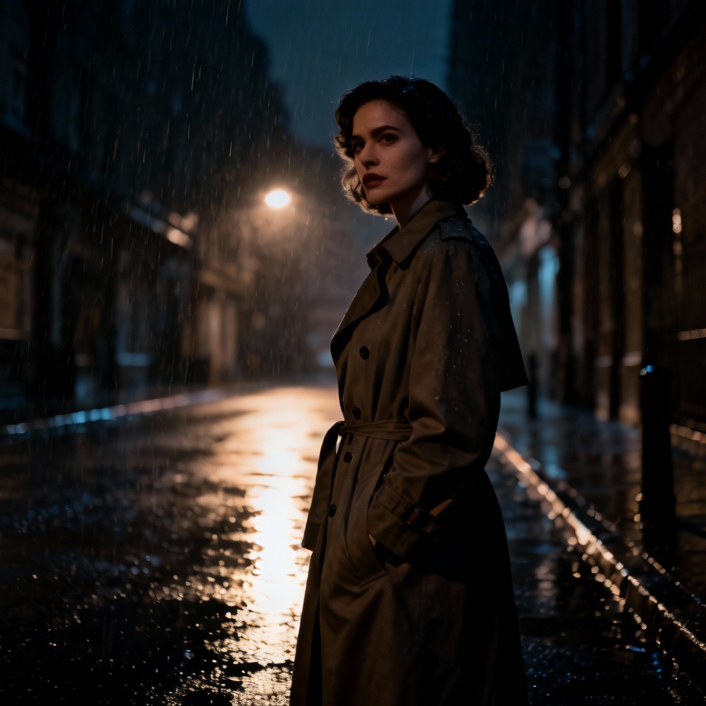 AI neo noir indie film actress with moody lighting