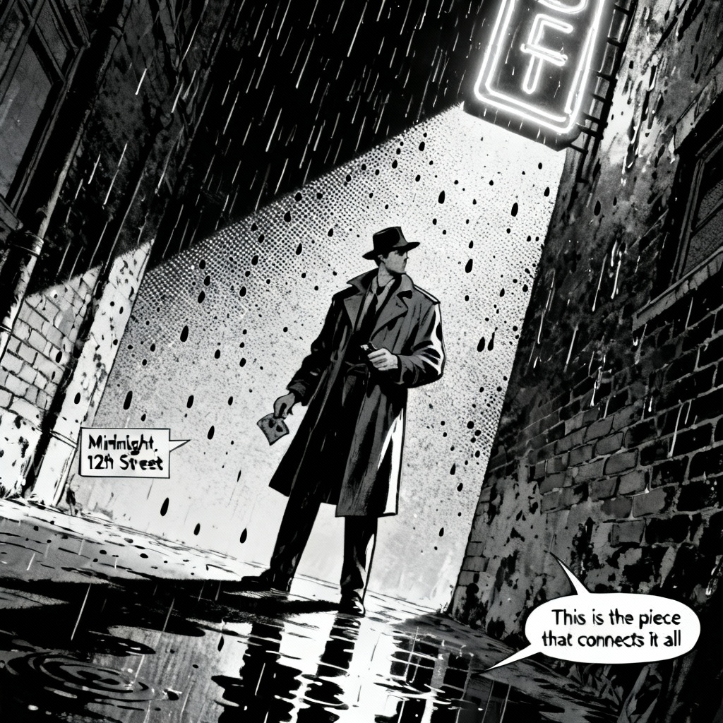 AI noir detective comic panel with rain and neon