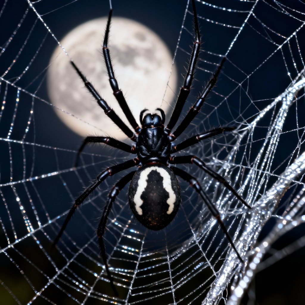 Black widow spider weaving a silver web at night