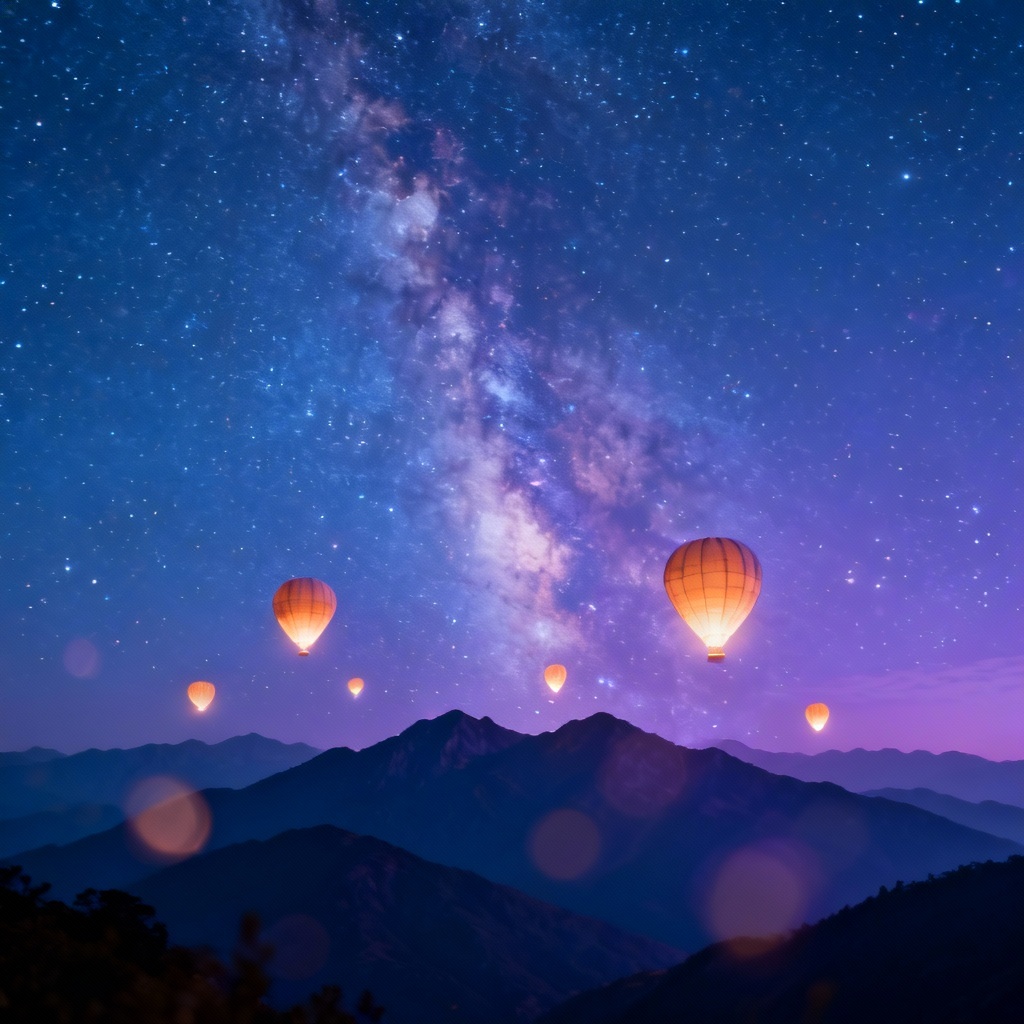 Night sky galaxy hot air balloon background with stars