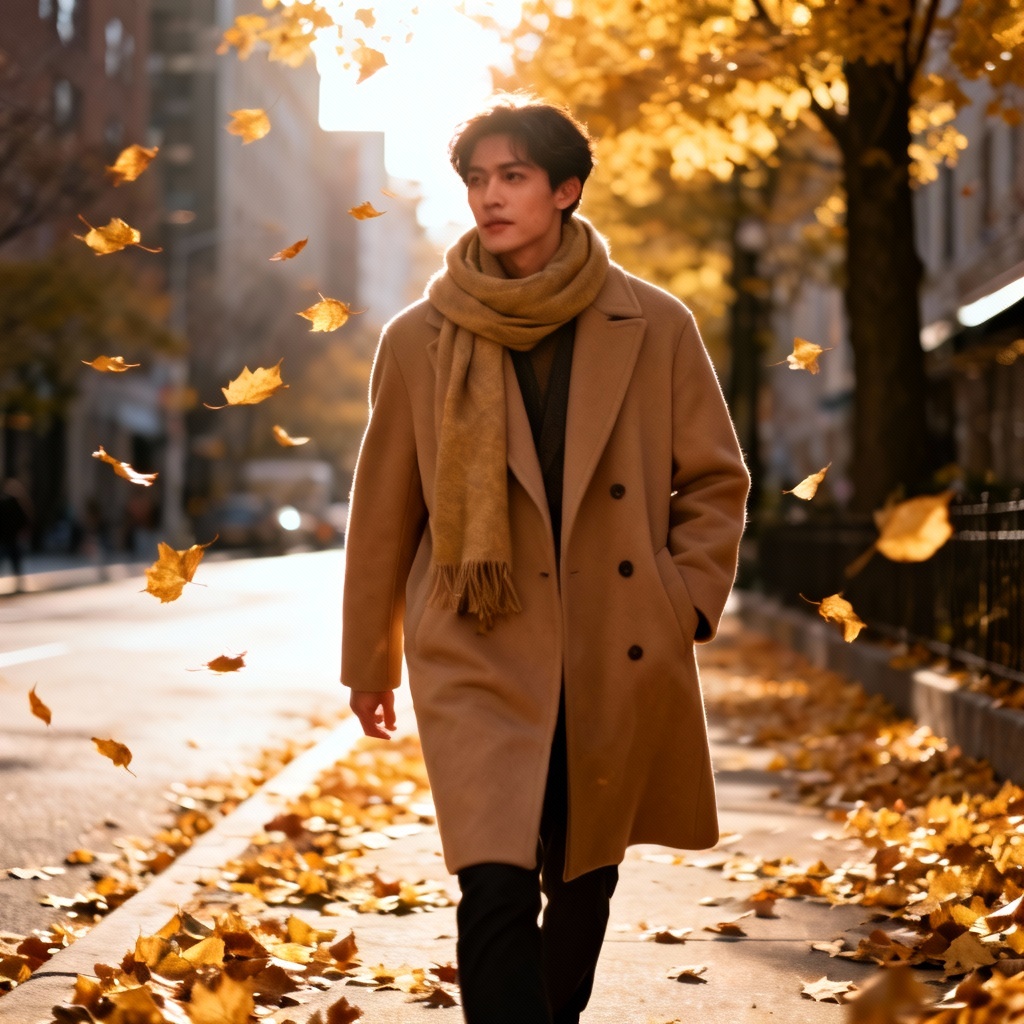 AI autumn street style portrait with fall leaves