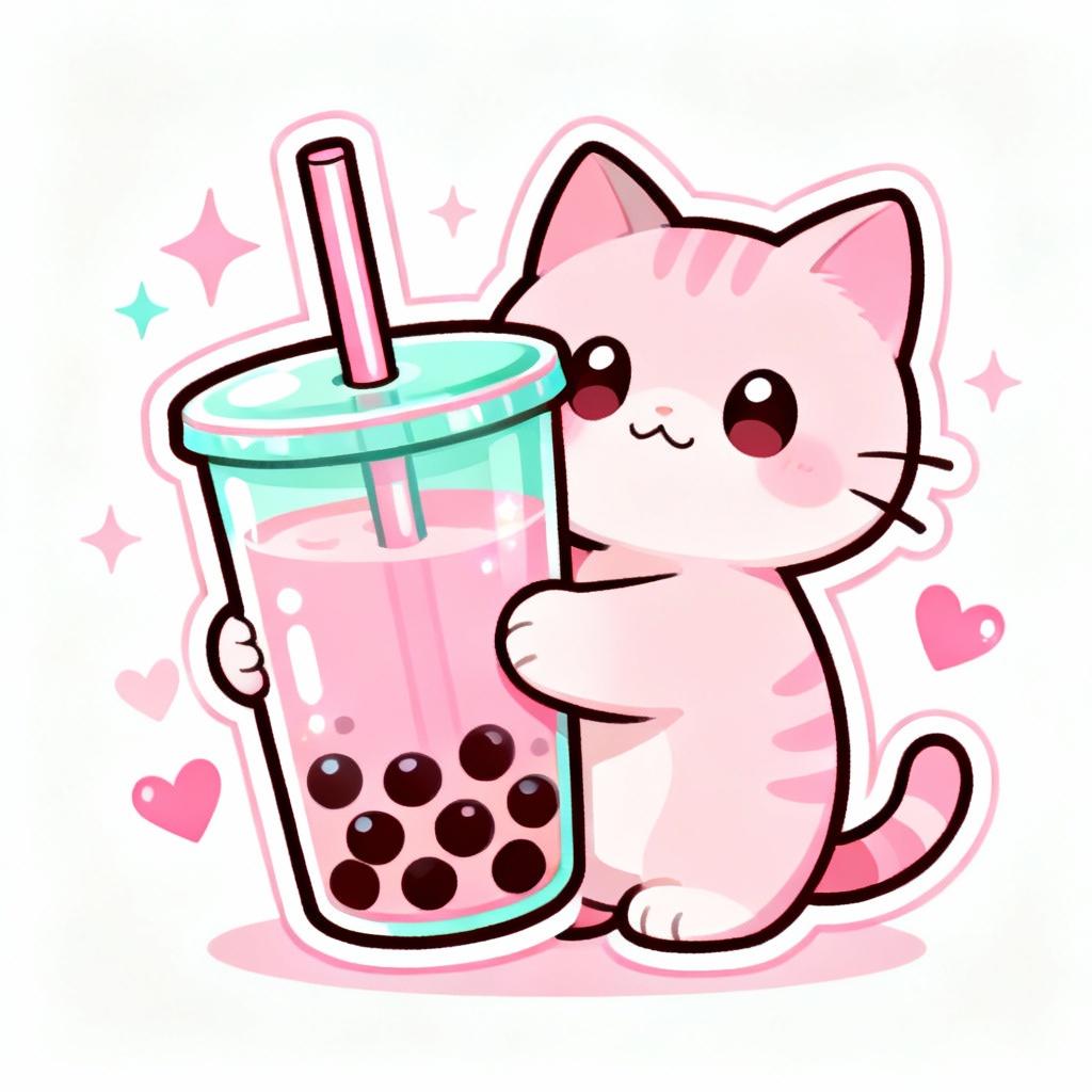 Kawaii cat hugging a boba cup in pastel colors