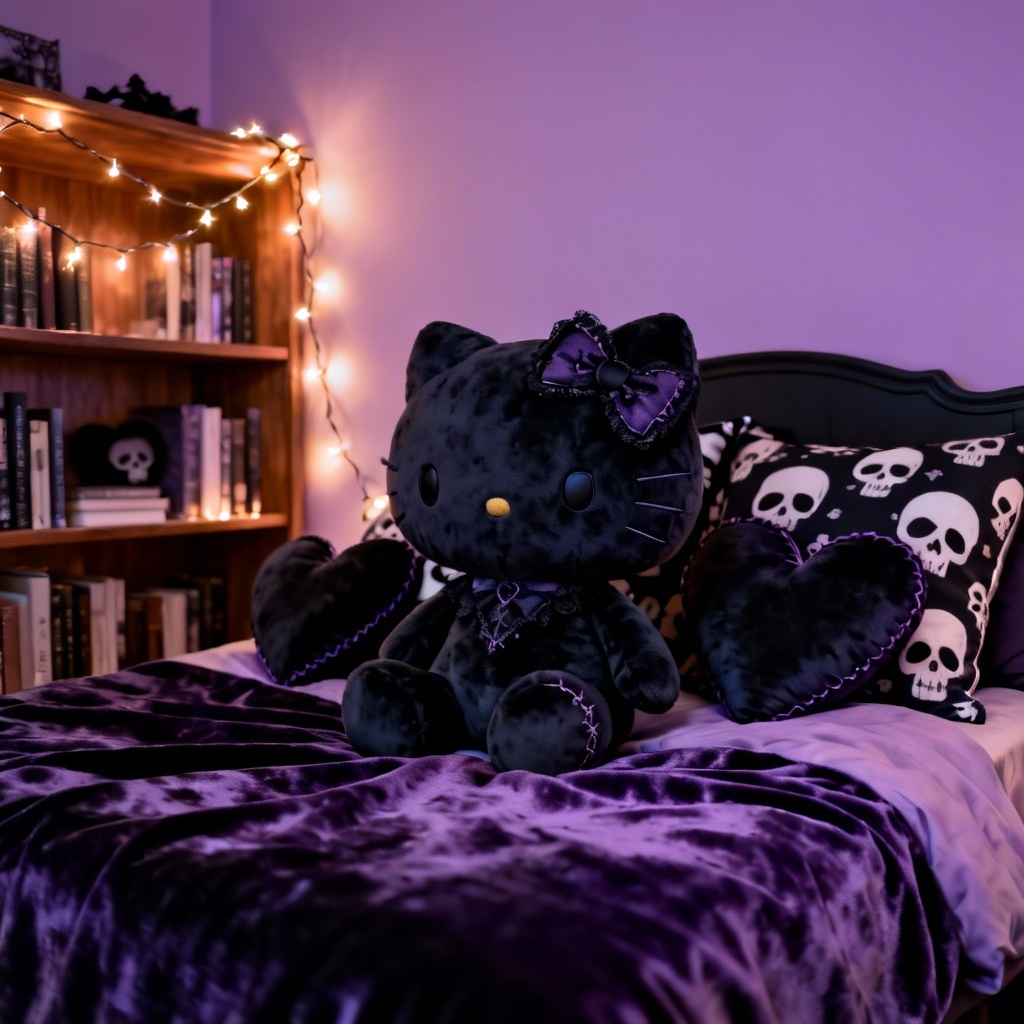 AI kawaii goth Hello Kitty bedroom scene