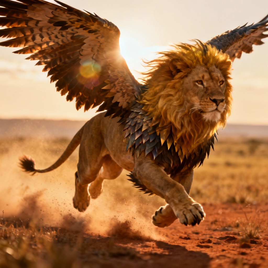 AI lion and eagle hybrid griffin in golden light