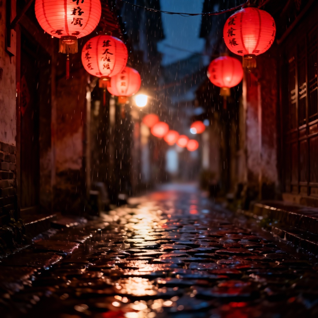 AI red paper lantern street scene with rain reflections