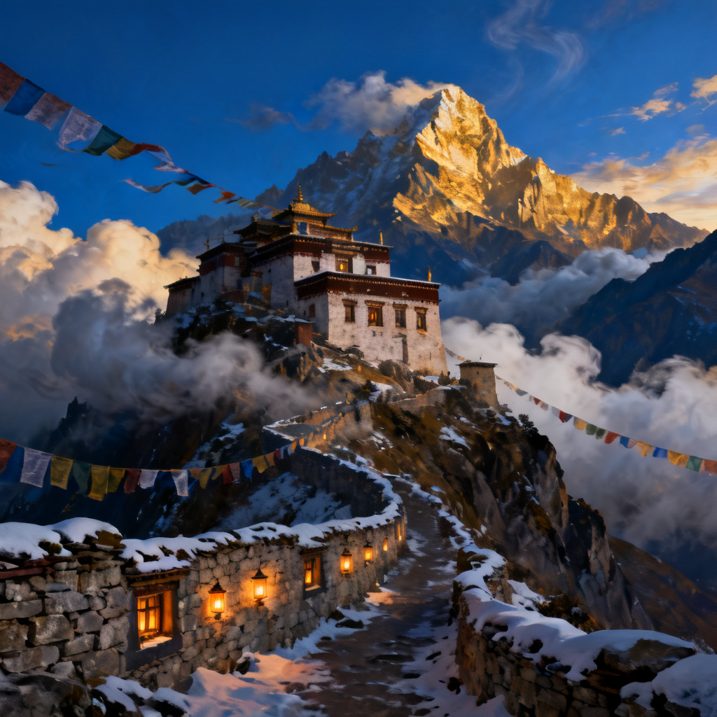 AI Himalayan cliffside monastery in clouds