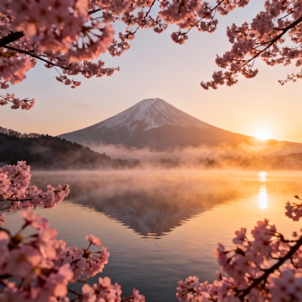 AI photorealistic Mount Fuji sunrise with cherry blossoms by Lake Kawaguchi