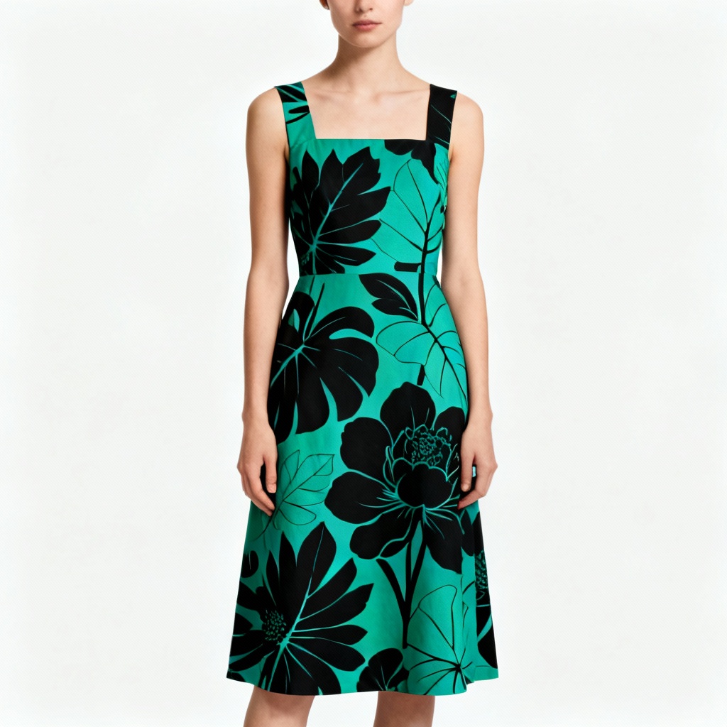 AI bold botanical sundress with oversized leaves