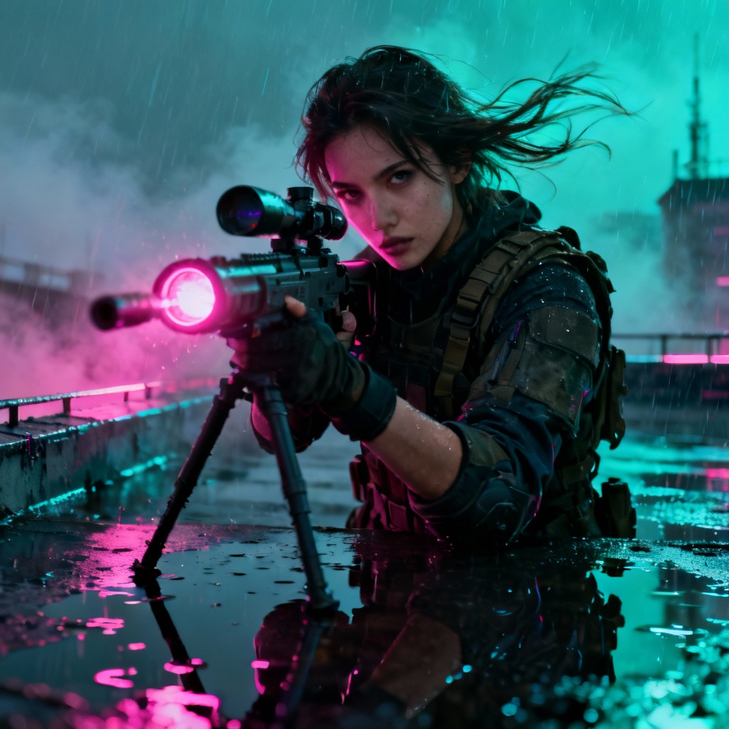 AI cyberpunk female sniper portrait on neon rooftop