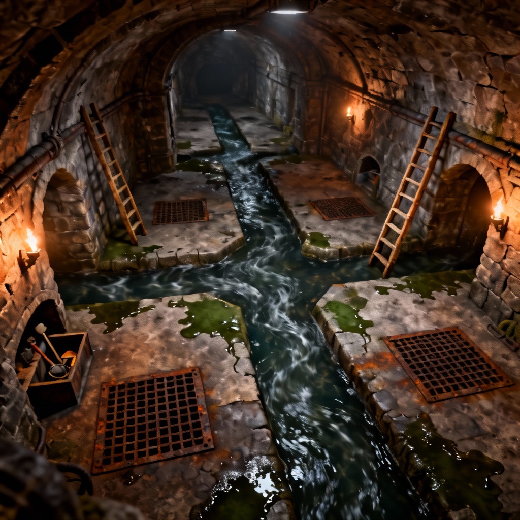 AI medieval sewer intersection battlemap with square grid