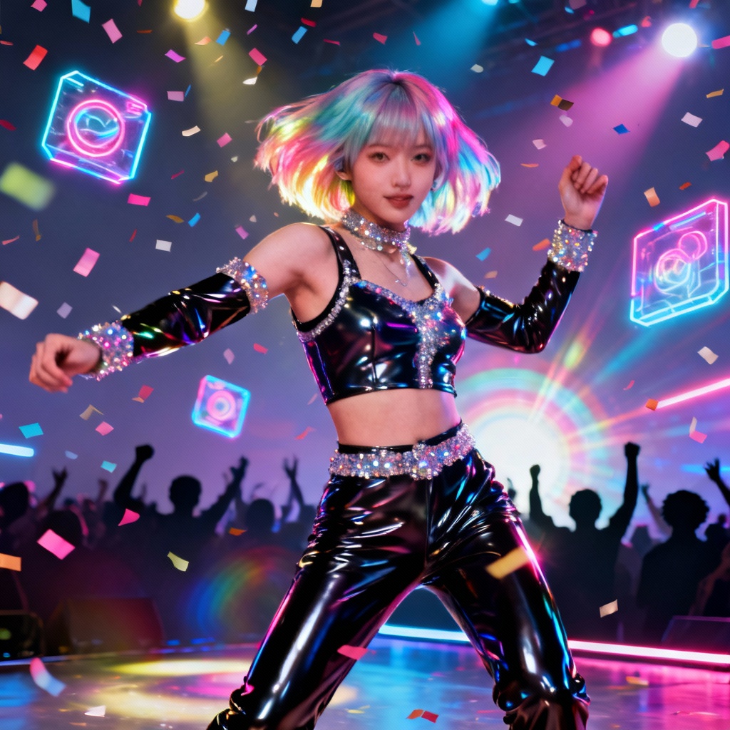 AI anime influence image of a cyber idol on a dream stage