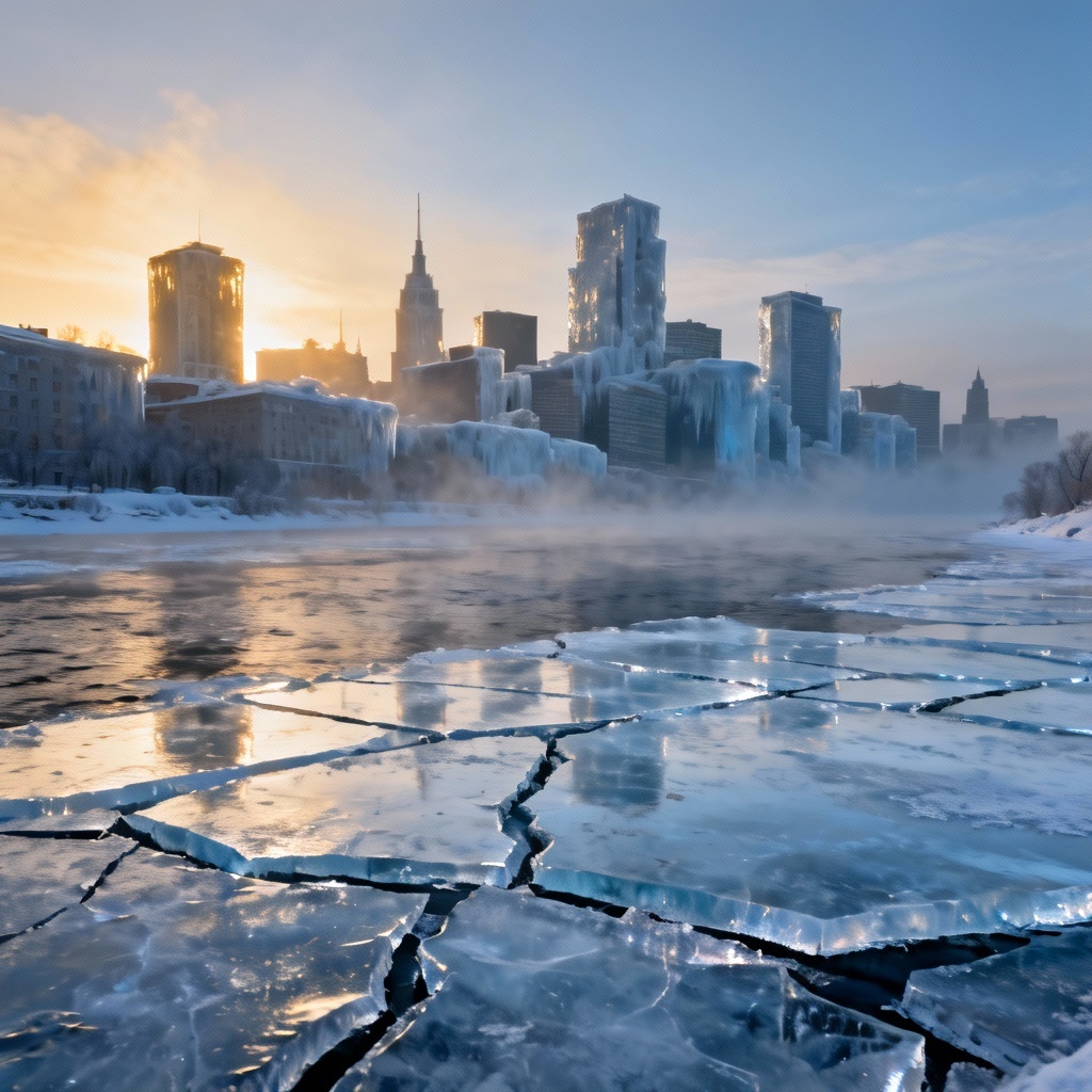 AI ice-covered city skyline and frozen river