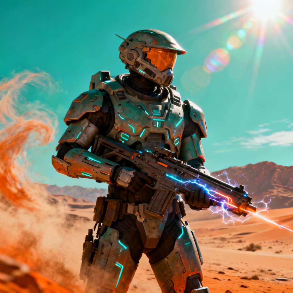 AI sci fi ranger champion with arc rifle
