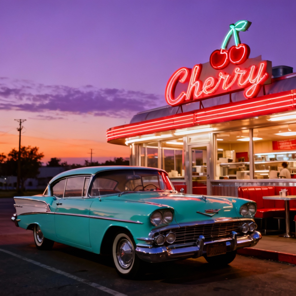 AI colorized 1950s diner with classic car