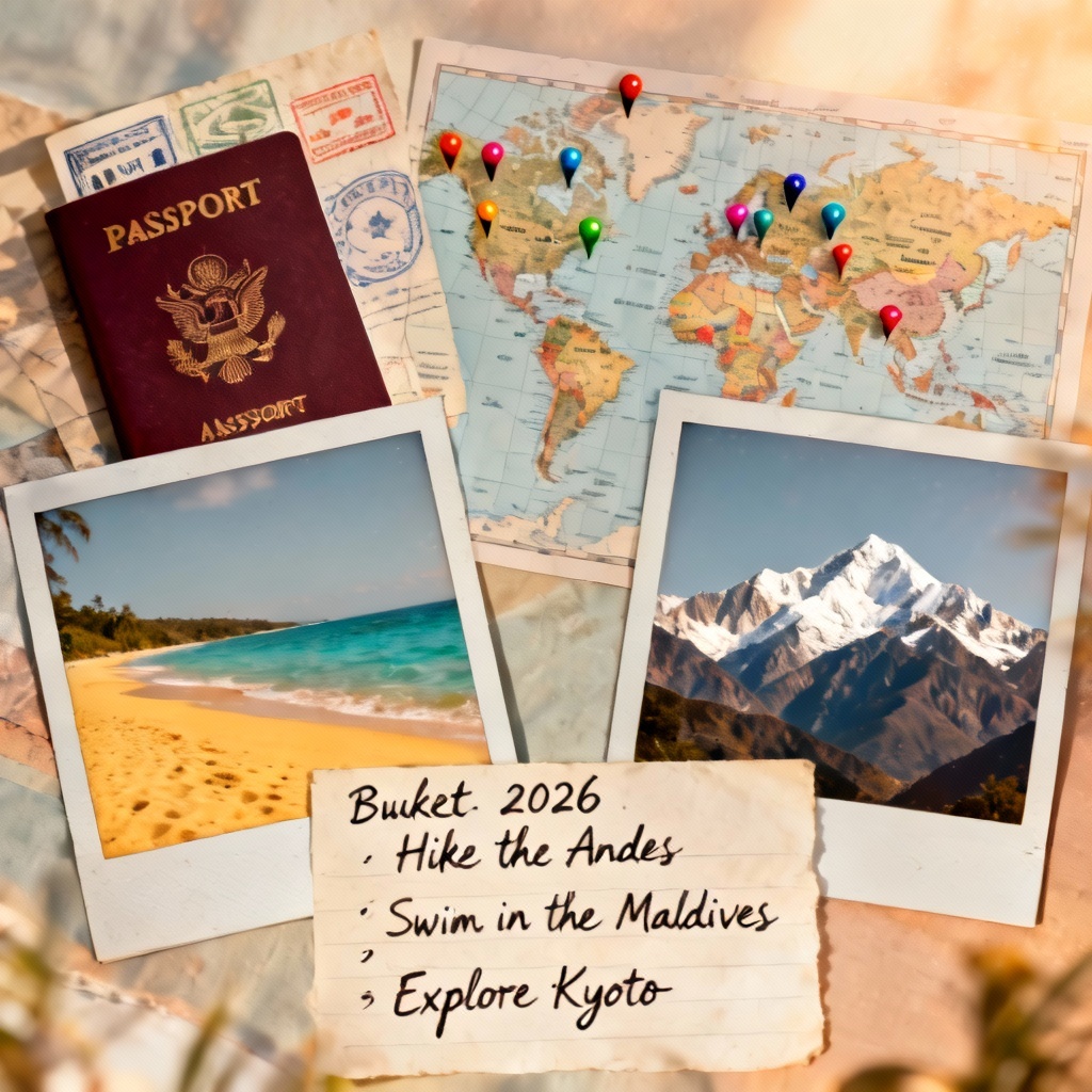 Travel-focused 2026 vision board with bucket list and destinations