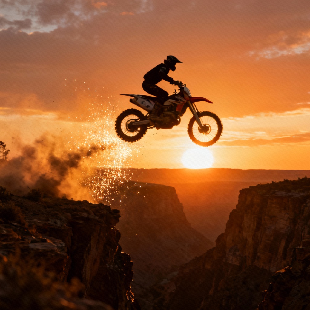 AI dirt bike performing canyon jump at sunset