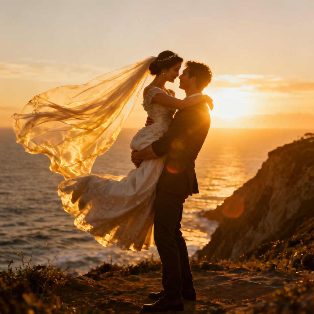 AI cinematic bridal carry at sunset on a cliff