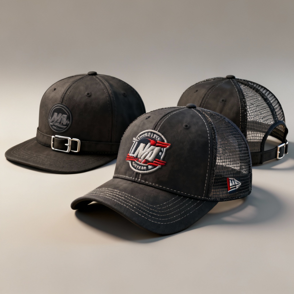 Photorealistic lineup of three baseball caps in different styles