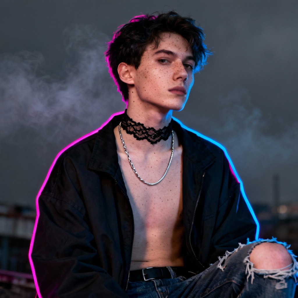 Punk streetwear with layered black lace choker