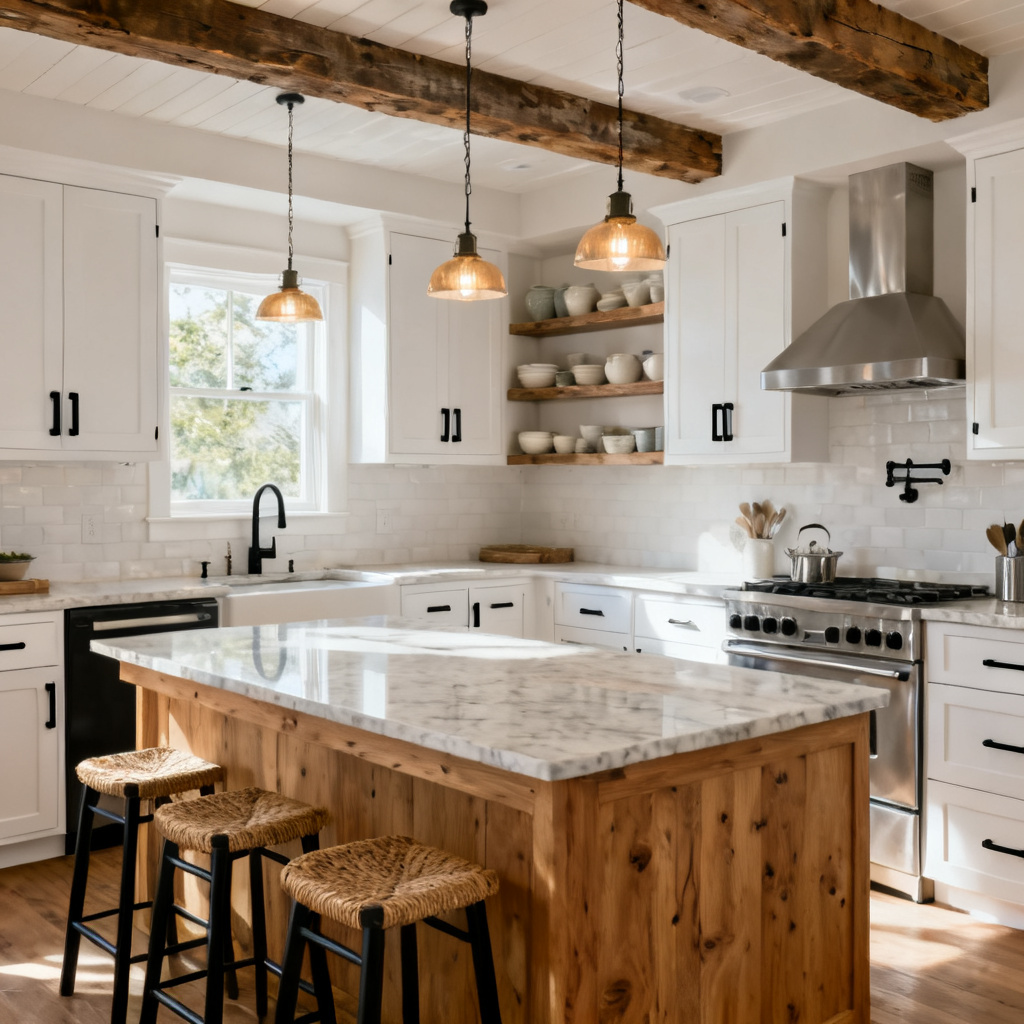 AI modern farmhouse kitchen with wood beams and white cabinets