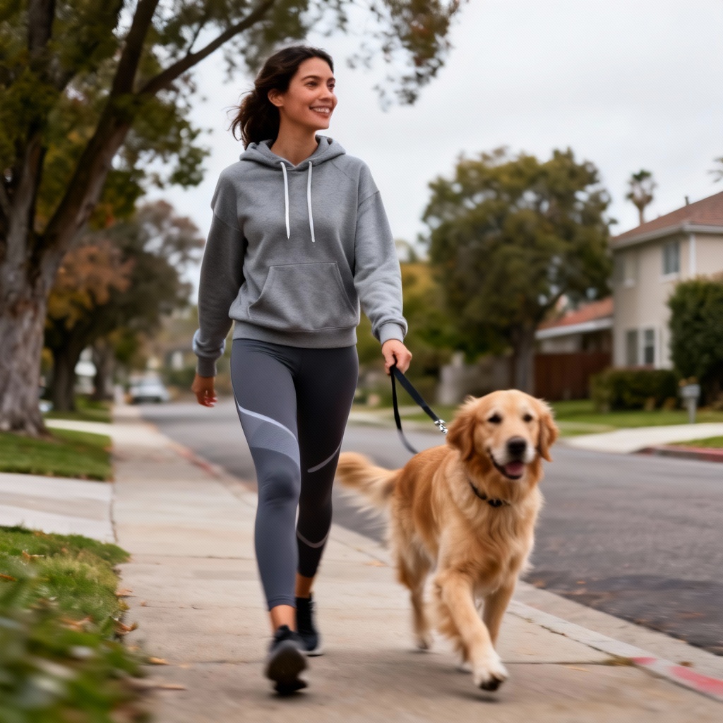 AI next door girl walking a dog along a leafy street