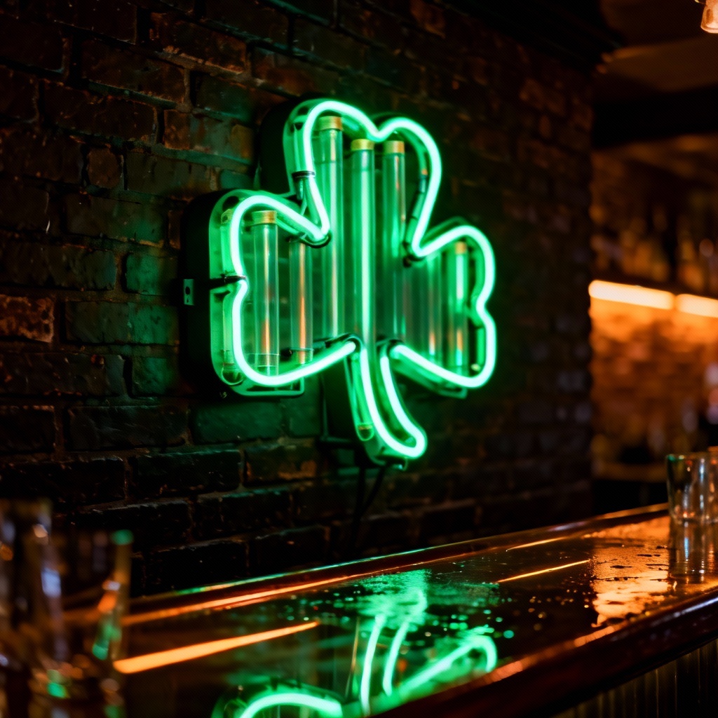 AI neon shamrock sign on brick wall