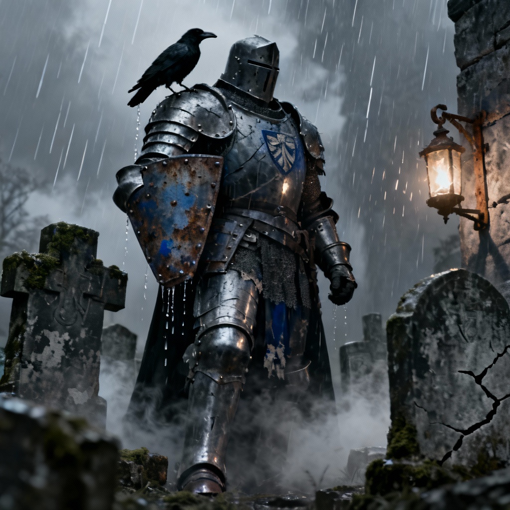 AI grim paladin in armor with raven in a rainy graveyard